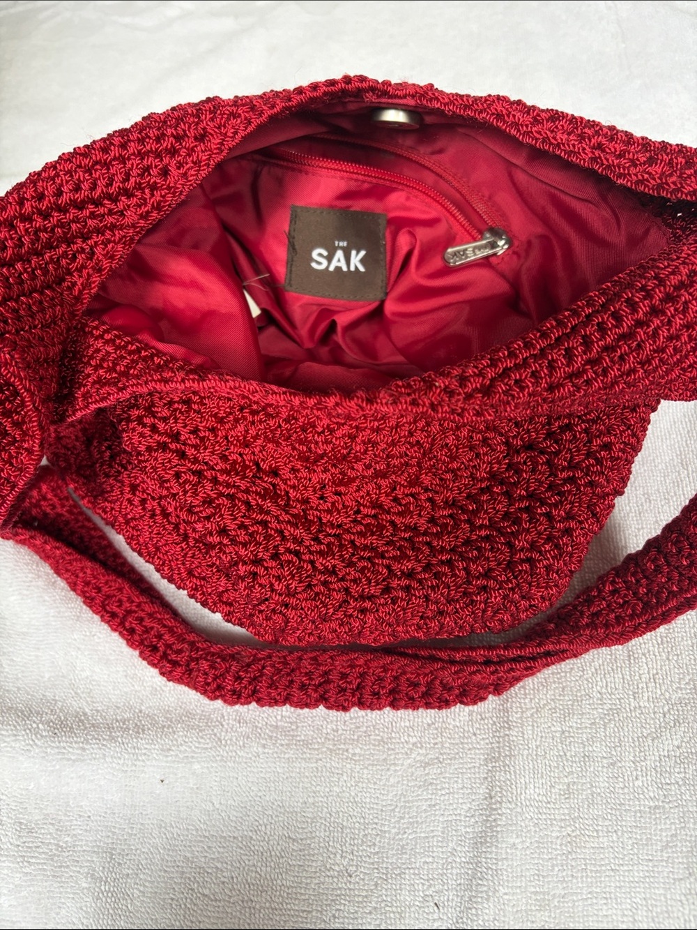 The Sak Red Crochet Shoulder Bag with Zip Pocket